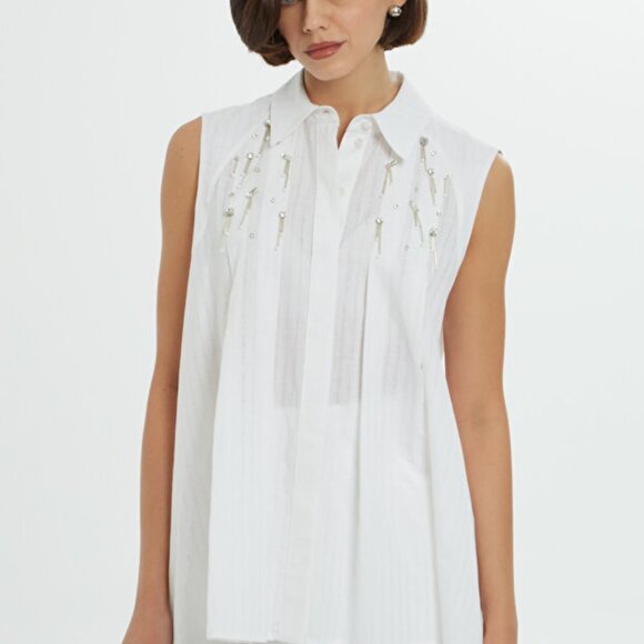 Shirt Collar Pleated Detailed White Blouse - Picture 5 of 7